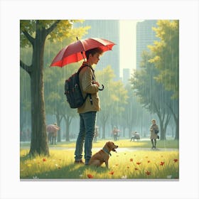 Justin Bieber In A City Park, Under Soft Watercolor Rain, With An Umbrella Canvas Print