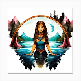 Woman In Water With Mountains Canvas Print