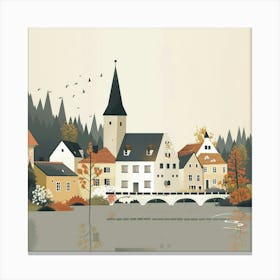 Autumn Village By The Lake Canvas Print