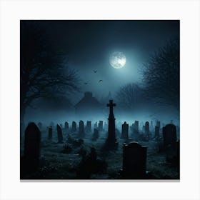 Full Moon Casting An Eerie Glow Over A Cemetery Gravestones Crooked With Names Worn By Time Mist C (4) Canvas Print