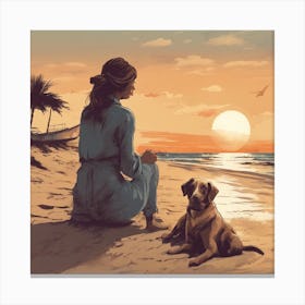 Girl And Her Dog On The Beach Canvas Print