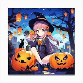 sexy anime girl with pumpkins Canvas Print