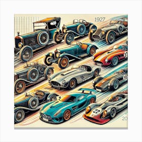 Evolution Of Iconic Cars Printed Art A Stunning Illustration Showcasing The Evolution Of Iconic Cars Through The Ages, Perfect For Adding Style And Passion To Any Car Lover’S Space Printed Art Canvas Print