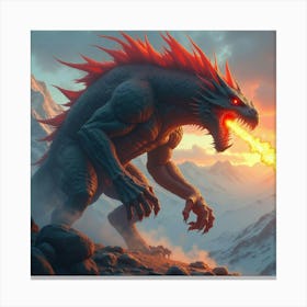 Titan Beast With Fire Breath, Colorful Mountains In Background 1 Canvas Print