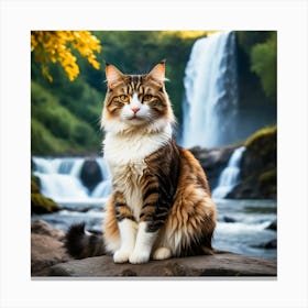 Cat In Front Of Waterfall Canvas Print