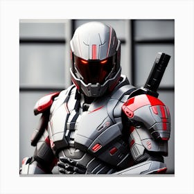 A Futuristic Warrior Stands Tall, His Gleaming Suit And Red Visor Commanding Attention 4 Canvas Print