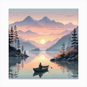 Lake With Boat In Mountain Art Print (1) Canvas Print