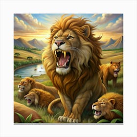 Lion Pride Roaring In The Savanna Canvas Print