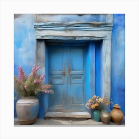 Blue wall. An old-style door in the middle, silver in color. There is a large pottery jar next to the door. There are flowers in the jar Spring oil colors. Wall painting.12 Canvas Print