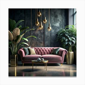 Pink Velvet Sofa In A Modern Living Room Canvas Print