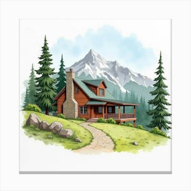 Peaceful Mountain Lodge In Watercolor, With Natural Surroundings And Rustic Charm Canvas Print