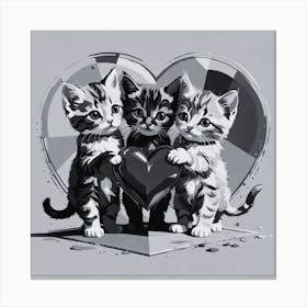 Three Kittens Holding A Heart Canvas Print