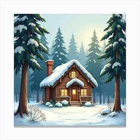 Cozy Cabin In The Woods In Watercolor, Surrounded By Tall Trees And Snow Canvas Print