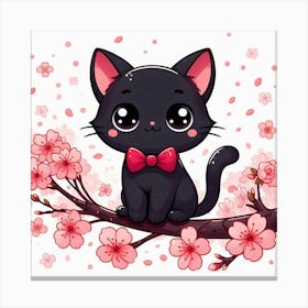 Black Cat In Cherry Blossoms Canvas Print