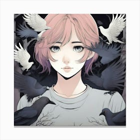 Manga Girl With Birds Canvas Print