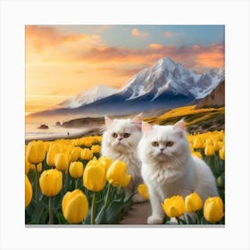Two Cats In Yellow Tulips Canvas Print