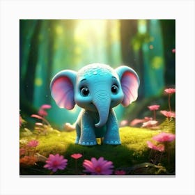 Firefly 3d, Animated, Cute, Little, Round, Turquoise, Elephant, Baby, Forest, Pink Flowers, Whimsica 1 Canvas Print