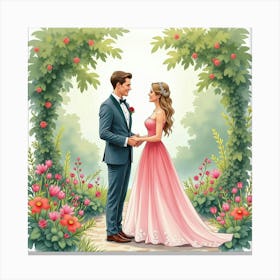 Elegant Couple In Watercolor Fashion, Enchanting Garden Party 1 Canvas Print