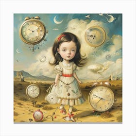 The Keeper of Time: This whimsical and enchanting artwork portrays a young girl in a fantastical landscape filled with oversized, floating clocks and surreal elements. Canvas Print