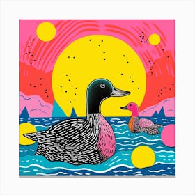 Pink Linocut Style Ducks In The Moonlight 2 Canvas Print