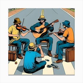 A Photograph With Three Pals Playing Harmony On The Road Similar To Pop Art Style 2 Canvas Print