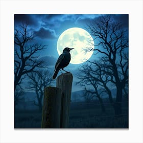 Crow On A Wooden Post At Night Canvas Print