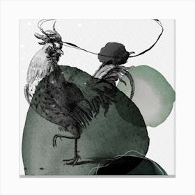 Feathered Friends Cockrel Black & Green Square Canvas Print
