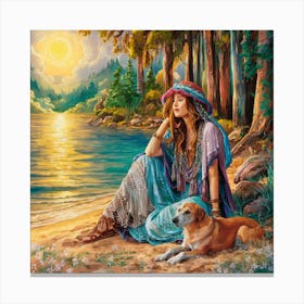 Woman And Dog On The Beach Canvas Print