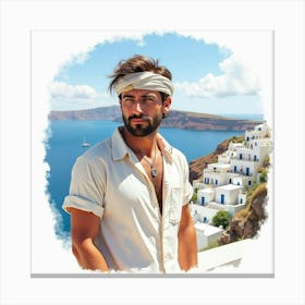 A Captivating Greek Man In Watercolor, Framed By The Picturesque Landscape Of Santorini 1 Canvas Print