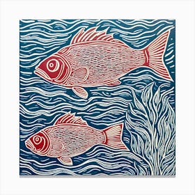 Two Fish In The Sea Linocut Canvas Print