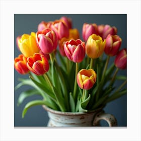 A Bunch Of Colorful Tulips Arranged In A Rustic Vase 2 Canvas Print