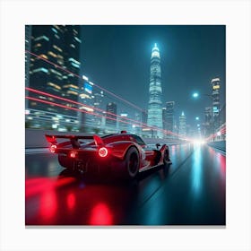 Sleek Red Formula Car Speeding Through A Futuristic Cityscape At Night 1 Canvas Print