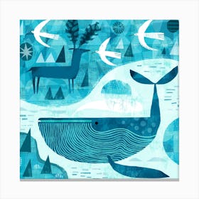 Whale, Deer And Birds Square Canvas Print
