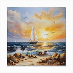 Oil painting design on canvas. Sandy beach rocks. Waves. Sailboat. Seagulls. The sun before sunset.41 Canvas Print