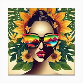 Girl With Sunglasses And Sunflowers Canvas Print