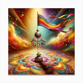 A Surreal And Colorful Representation Of The Maharashtrian New Year Celebration, Gudi Padwa, With A Vividly Decorated Gudi Flag Atop A Pole, Canvas Print