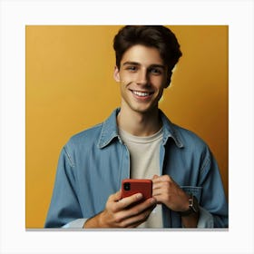 Happy Young Man Using Smart Phone Canvas Print