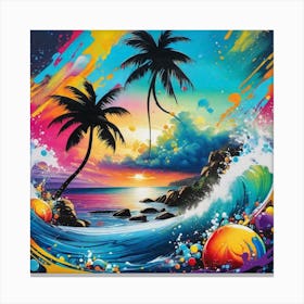 Beach Scene With Palm Trees 6 Canvas Print