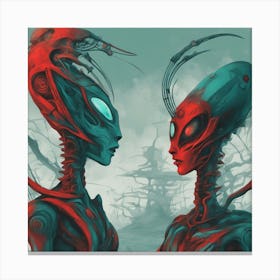 Alien Couple Painted To Mimic Humans, In The Style Of Surrealistic Elements, Folk Art Inspired Illu Canvas Print