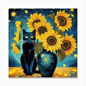 Black Cat With Sunflowers Canvas Print