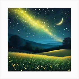 yellow glow beside the moon with fire flies on open field Canvas Print