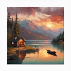 Oil painting of a tranquil lake surrounded by mountains Canvas Print