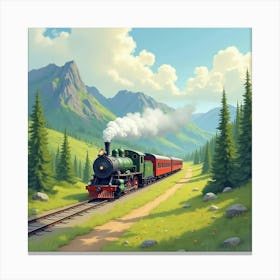 Steam Engine Traveling Through A Beautiful Watercolor Valley 1 Canvas Print