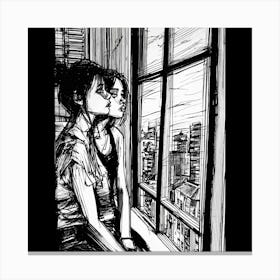 Two Girls Looking Out A Window Canvas Print