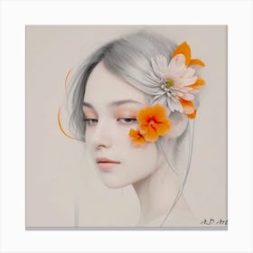 Beauty Portrait Painting - Grey Line And Orange Flowers Canvas Print