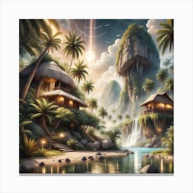 Tropical Landscape With Palm Trees And Waterfall Canvas Print