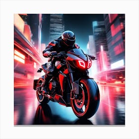 The Image Depicts A Futuristic Scene With A Black And Red Motorcycle Ridden By A Cyborg Canvas Print