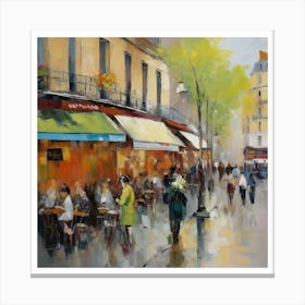 Paris Cafes.Paris city, pedestrians, cafes, oil paints, spring colors. 2 Canvas Print