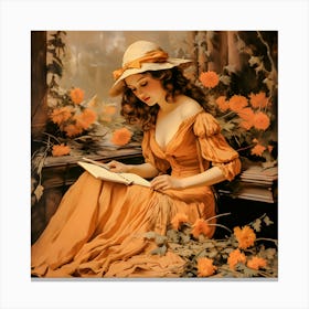 Romantic Reading Lady in a Floral Setting - Vintage Art Illustration Canvas Print