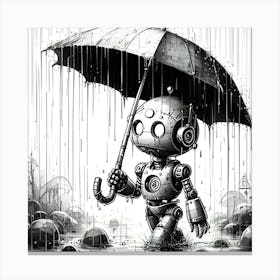 Robot Holding An Umbrella In The Rain, Ink Drawing 4 Canvas Print